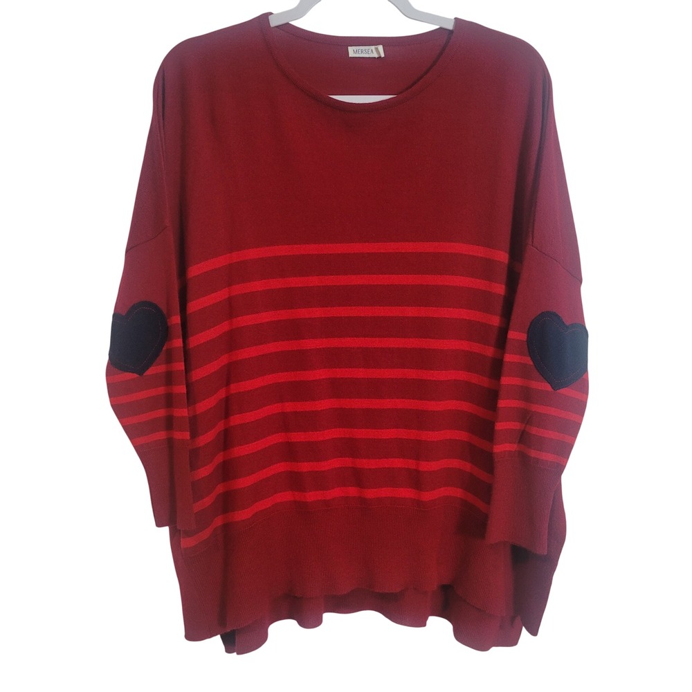 Mersea‎ Amour Burgundy Striped Oversized Sweater Heart Elbow Patches One Size